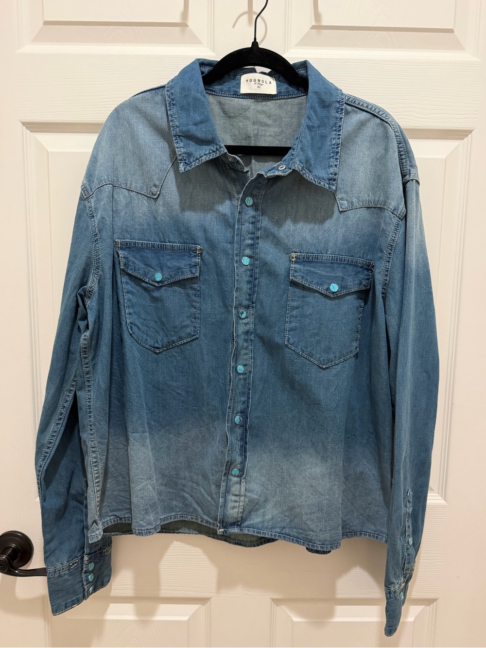 YoungLA Men's Light Blue Washed Denim Western Snap Button-Down Shirt Size XL